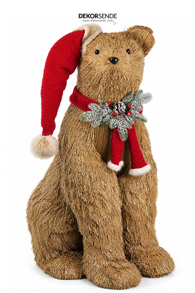 New Year's Eve Natural Wicker Textured Bear Figure Sitting on a Red Hat 90 cm