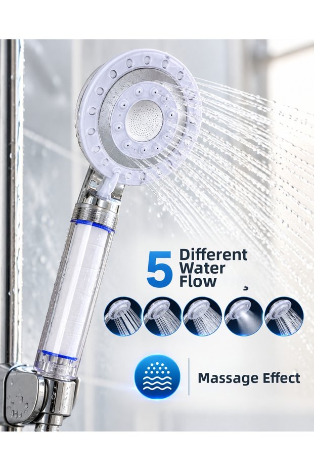 Premium Massage Effect Filtered Shower Head with 5 Functions: Rain, Mist, Wide Mixed Water Flow