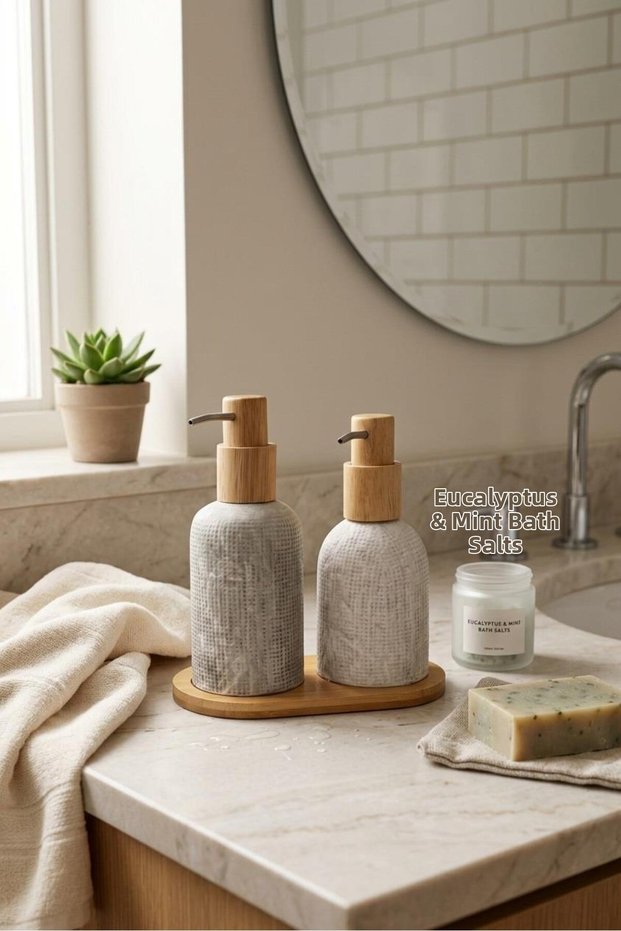 Bamboo Detailed Porcelain Liquid Soap Dispenser Set of 2 | Steel-Tipped Bamboo Pump & Stand Bathroom/Kitchen Set