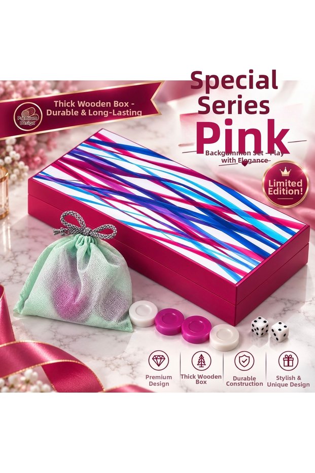 Special Edition Pink Wooden Premium Quality Backgammon Set, Large Size 50.5X49 Cm, Thick Case, Luxurious and Modern Design Backgammon Set