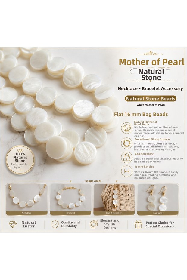 Natural Mother of Pearl Stone - Necklace Bracelet Accessory - Natural Stone Beads - White Mother of Pearl Flat 16 mm Bag Sequin