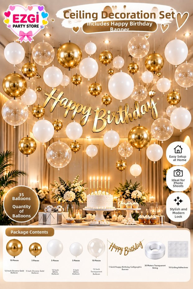 Birthday Concept Gold White Ceiling Balloon Decoration Celebration Set Party Ornaments Decoration Set