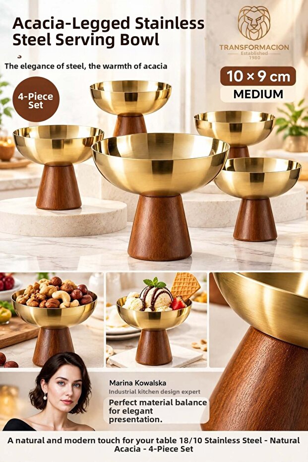 Set of 4 - Medium - Acacia Legged Steel Ice Cream Bowl, Snack Bowl, Pastry Fruit Presentation Bowl, Serving Set 18/10 304 Steel 723773