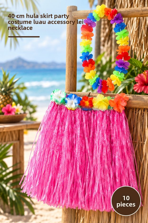 10 Pieces Hawaiian Luau Tasseled Pink Skirt and Colorful Floral Necklace Set – 40 cm Hula Skirt Party Costume Luau Accessory Lei Necklace