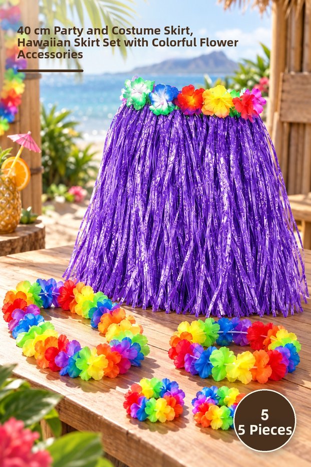 5 Pieces Purple Hawaiian Skirt – 40 cm Party and Costume Skirt, Hawaiian Skirt Set with Colorful Floral Accessories