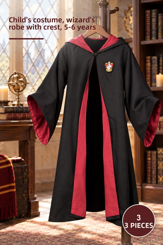 3 Pieces Harry Potter Gryffindor Robe – Children's Costume, Wizard Cloak Robe, Embroidered Emblem, Ages 5-6