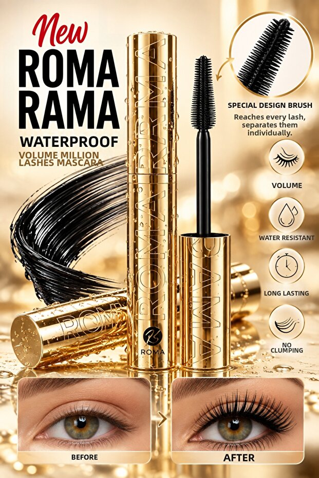 Roma Rama Waterproof Mascara – Black Mascara with a Special Brush That Gives Intense Volume and Definition
