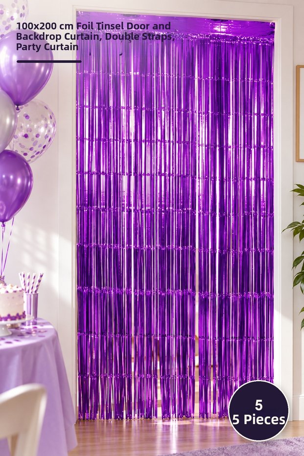 5 Pieces of Purple Metallized Party Curtain – 100X200 cm Foil Tassel Door and Backdrop Curtain, Double-Sided Tape, Backdrop Party Curtain