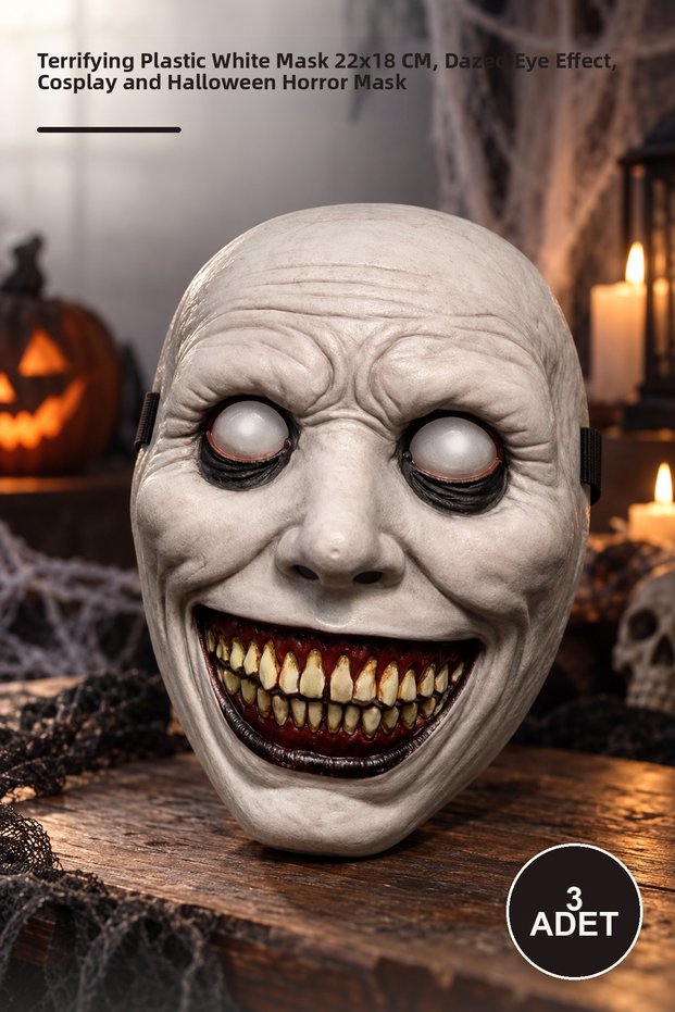 3 Pieces of Horror Mask – Plastic White Mask with Terrifying Smile 22X18 Cm, Dull Eye Effect, Cosplay and Halloween Horror Mask