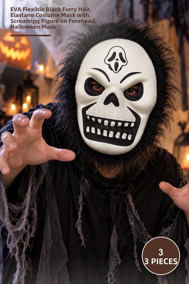 3Pcs Skull Horror Mask – Eva Flexible Black Plush Hair Mask with Screaming Figure on Forehead, Elastic Rubber Costume Mask, Halloween Mask