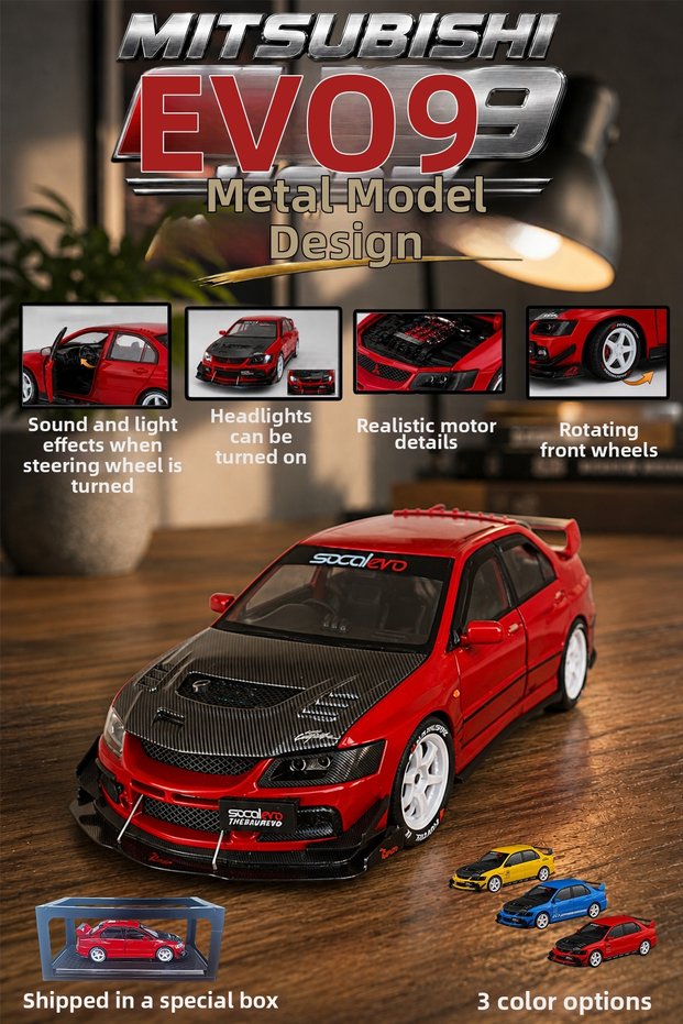 Mitsubishi Evo 9 1:24 Model Car with Sound and Light, Metal Body, Detailed Design, in Special Box