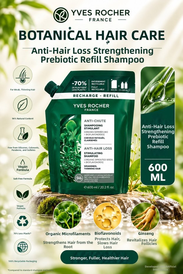 Hair Loss Prevention Strengthening Prebiotic Refill Shampoo 600 ml - Salt-Free & Vegan Anti-Chute