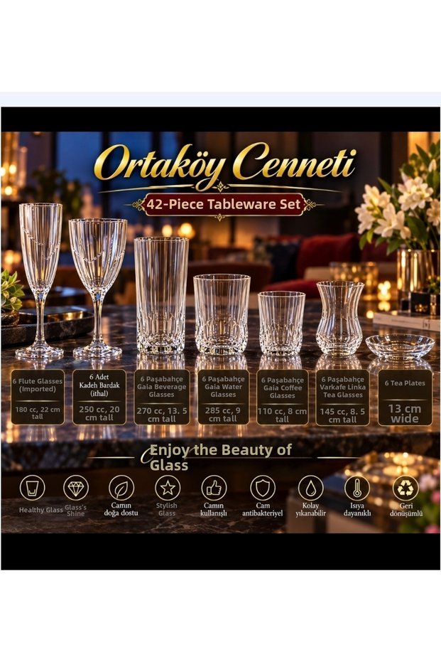 42-Piece Tableware, Cups, and Glasses Set, All Sizes and Brands Are Available in the Image.