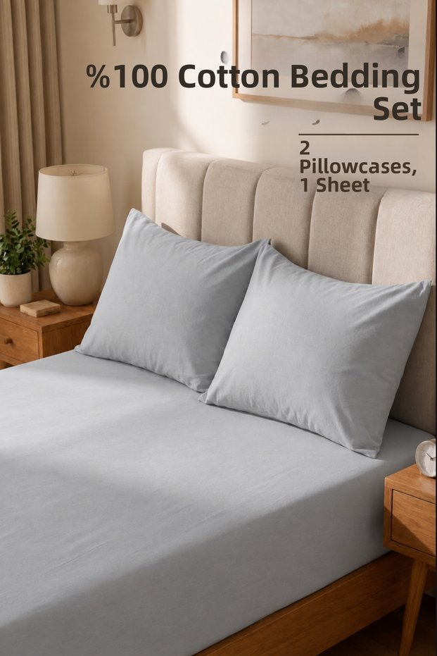 100% Cotton Combed Breathable Fabric Elastic Bed Sheet 2 Pillowcases Gift Gray Color