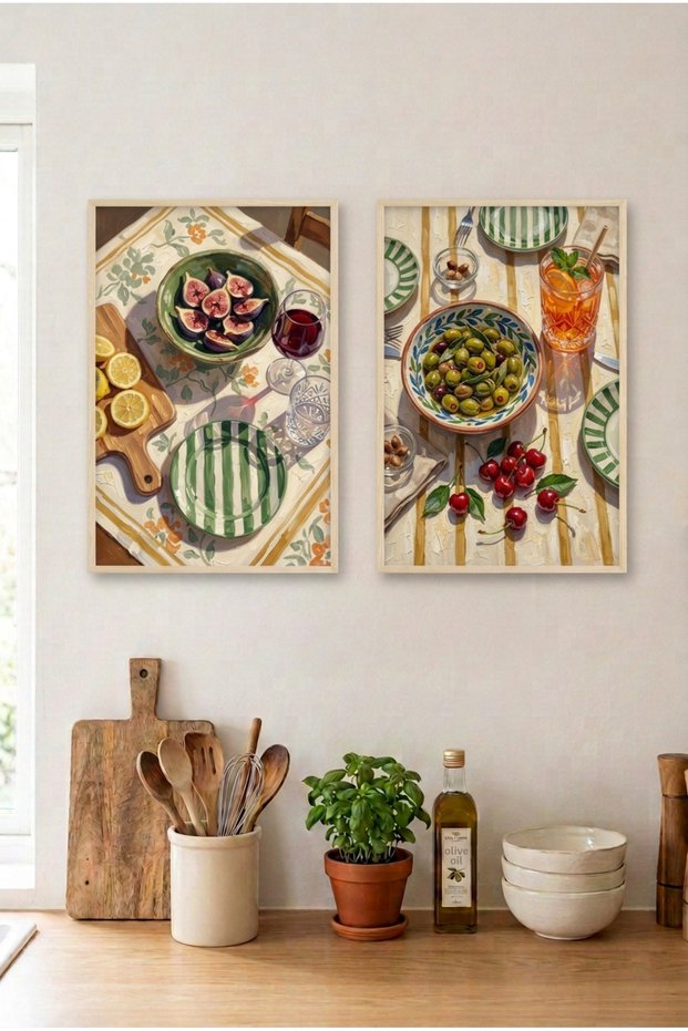 2-Piece Fig and Cherry Wood Framed Mdf Painting Set - Italian Table Kitchen Decor Huhu3236 - Double Painting Set Natural Wood Frame