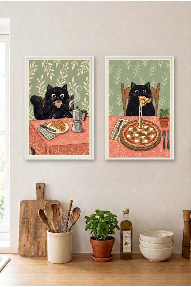 2-Piece Coffee and Pizza White Wooden Framed Mdf Painting Set - Cat Kitchen Decor in the Kitchen Huhu3242 - Double Painting Set White Frame