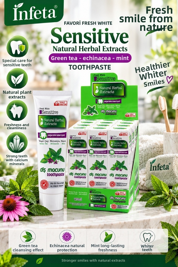 75 Ml/120 Gr Fresh White Sensitive Toothpaste with Green Tea, Echinacea and Mint Extract