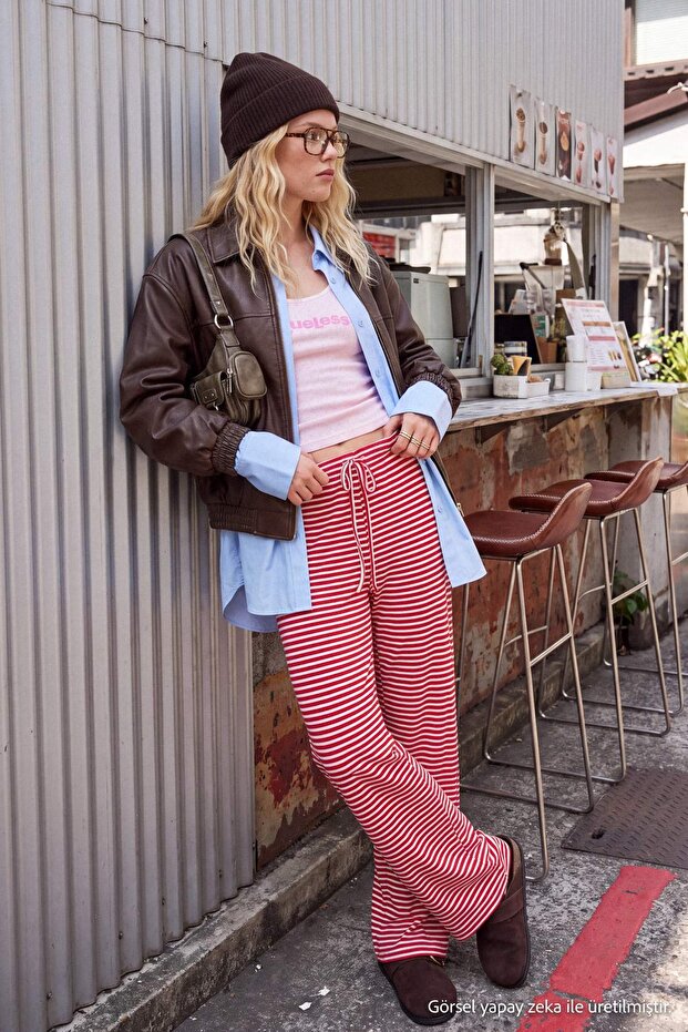 Red Striped Wide Leg Elastic Waist Regular Waist Soft Knitted Trousers Twoss26Pl00187
