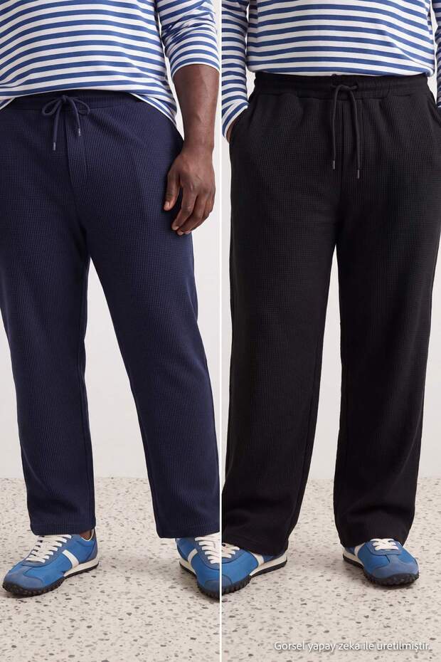 Plus Size Black-Navy Blue 2 Pack Straight Fit Textured Open Leg Sweatpants Tmnaw27Aj00010