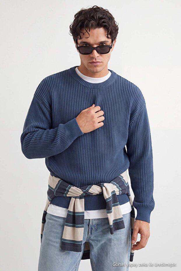 Indigo Oversize Crew Neck Plain Sweater Tmnaw23Kz00189