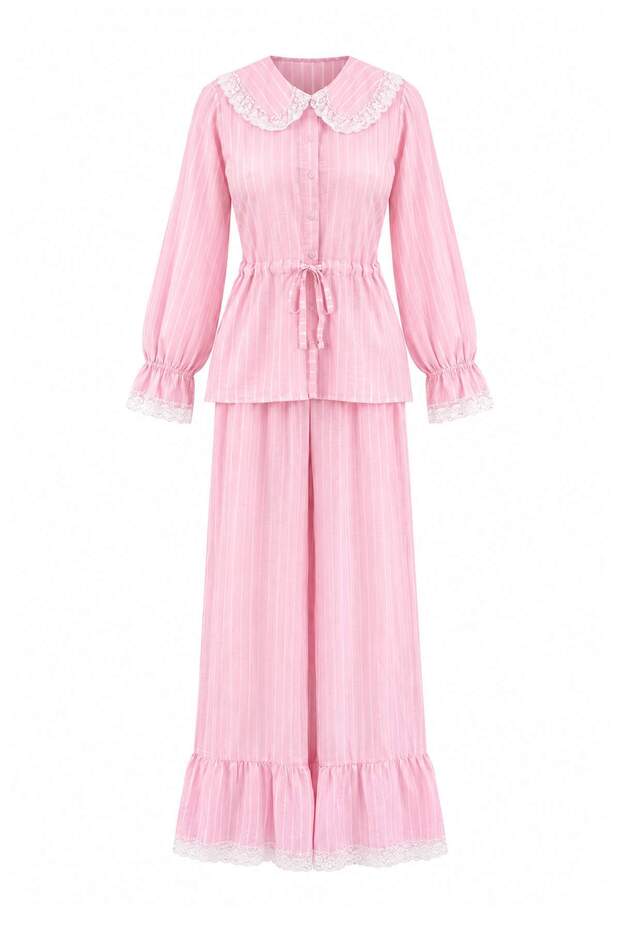 Pink Plaid / Checkered Shally Woven Pajama Set Thmaw27Pt00078