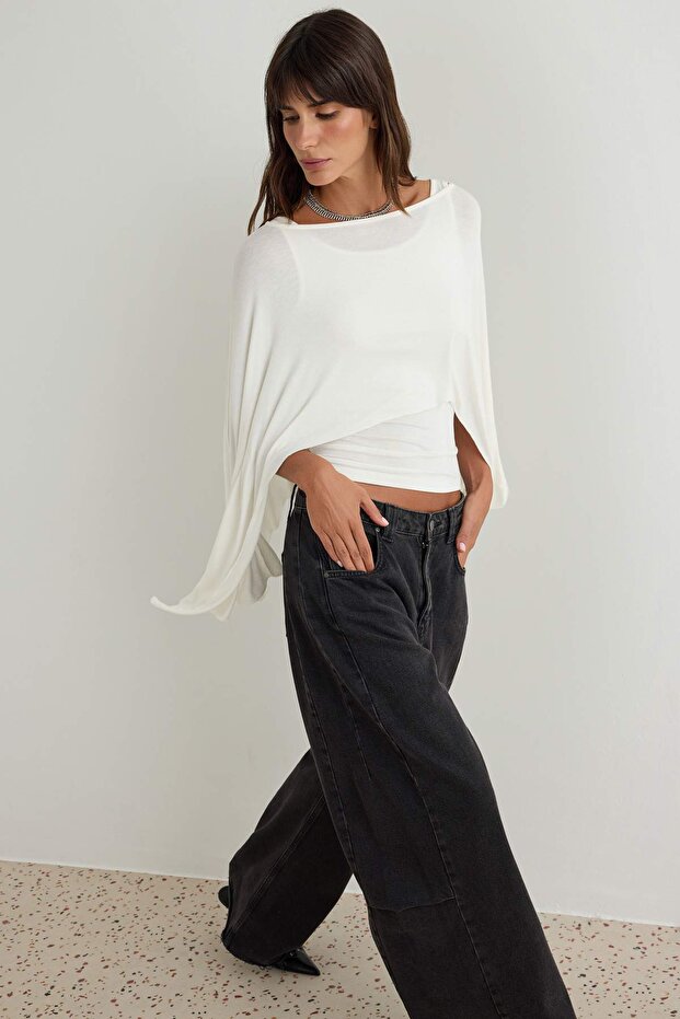 Ecru Transparent 2-Piece Boat Neck Sleeve Draped Fake Knitwear Double Layer Knitted Blouse Twoaw27Bz00123