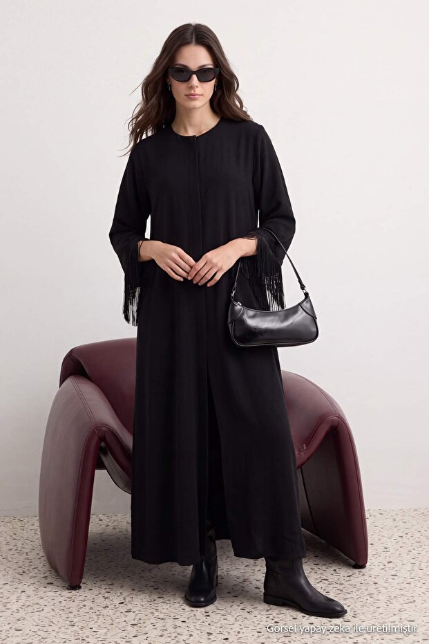 Siyah Püskül Detaylı Relaxed/Rahat Kalıp Maxi Dokuma Kap & Ferace TCTAW27KF00003