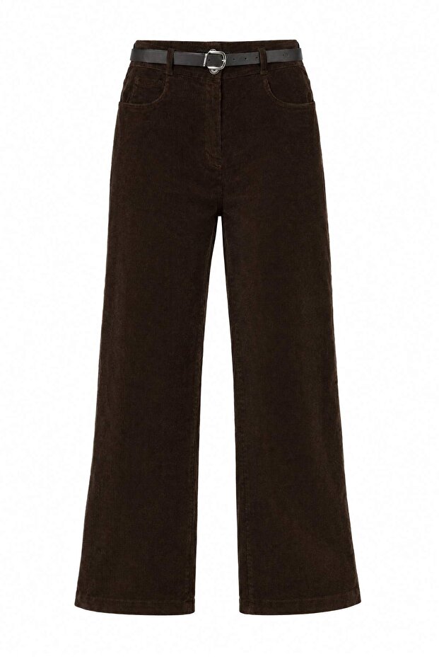 Koyu Kahverengi İnce Fitilli Kadife Wide Leg Pantolon TWOAW27PL00086