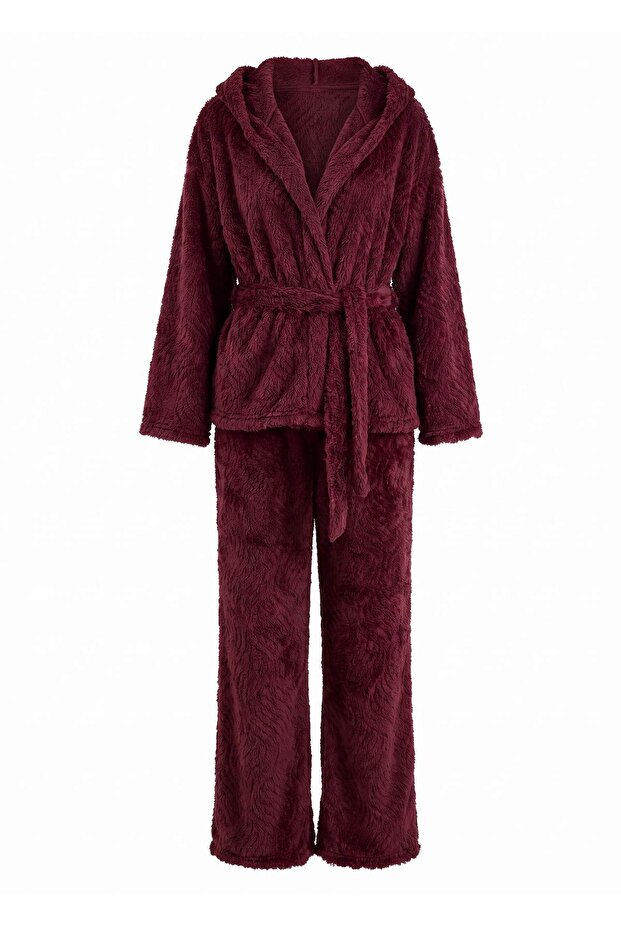 Burgundy Double Breasted Jacquard Soft Winter Buttoned Knitted Pajamas Set Thmaw27Pt00198