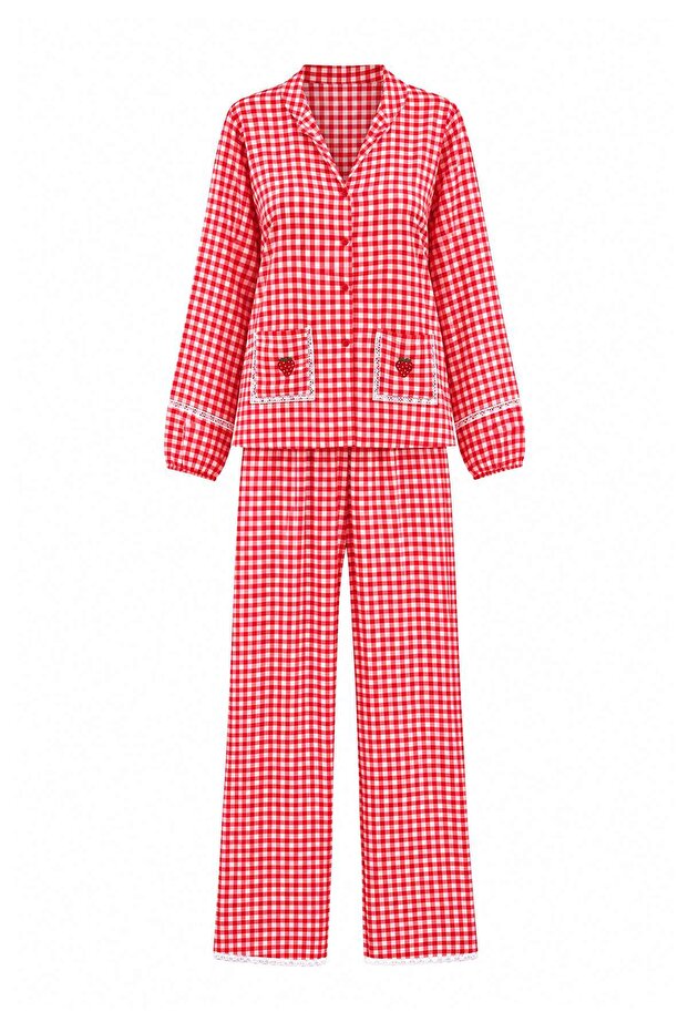 Red Plaid / Checkered Shally Woven Pajama Set Thmaw27Pt00087