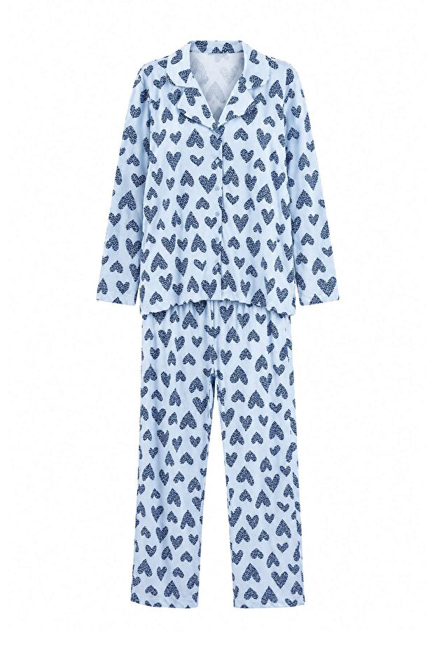 Light Blue 100% Cotton Heart & Leopard Pattern Shirt-Pants Knitted Pajamas Set Tbbaw26Ai00017