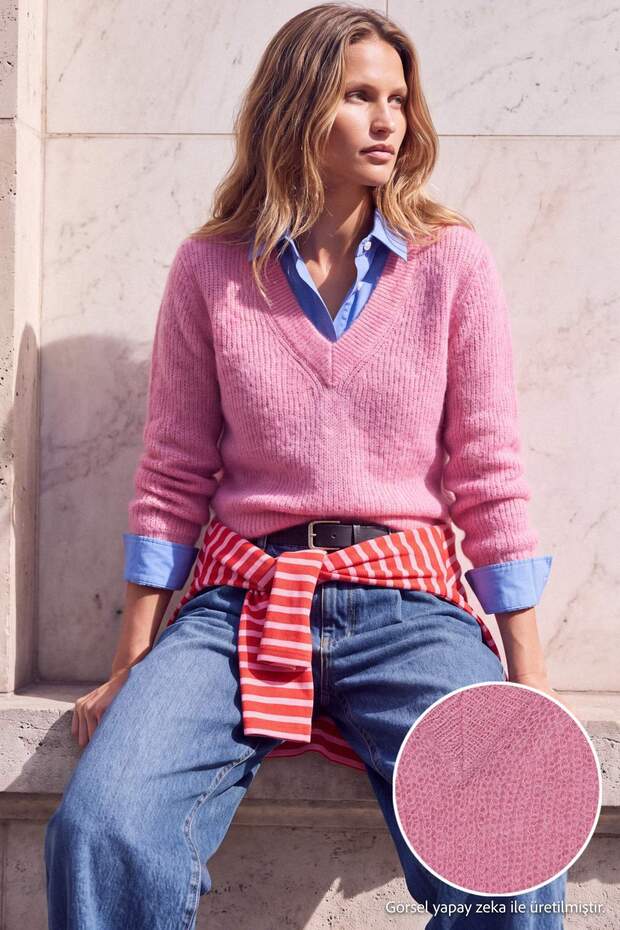 Wardrobe Essentials Pink V-Neck Moher Blended Thin Knitwear Sweater Twoaw27Kz00034