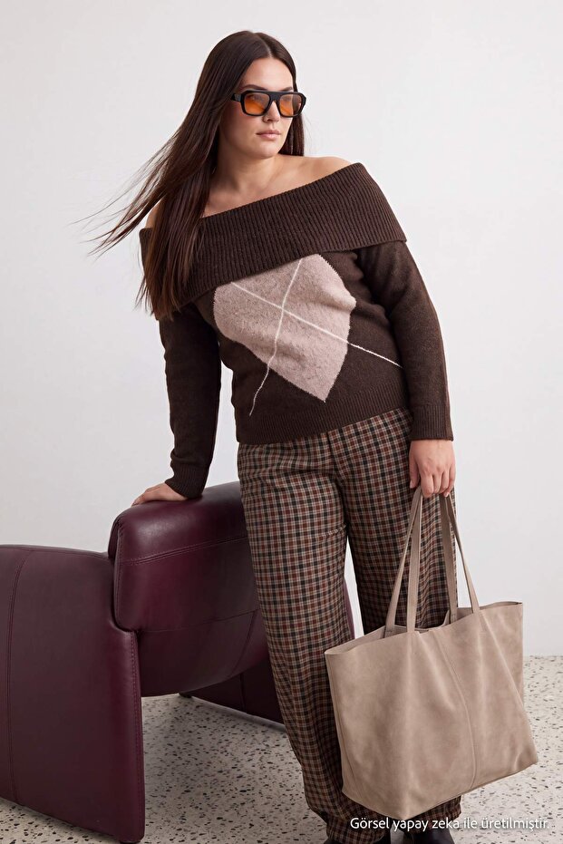 Brown Baklava Patterned Wool Soft Carmen Collar Knitwear Sweater Tbbaw27An00057