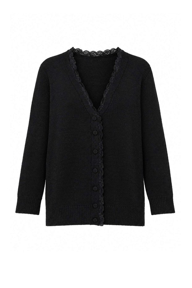 Black Lace Detailed Knitwear Hijab Cardigan Tctaw27Th00011