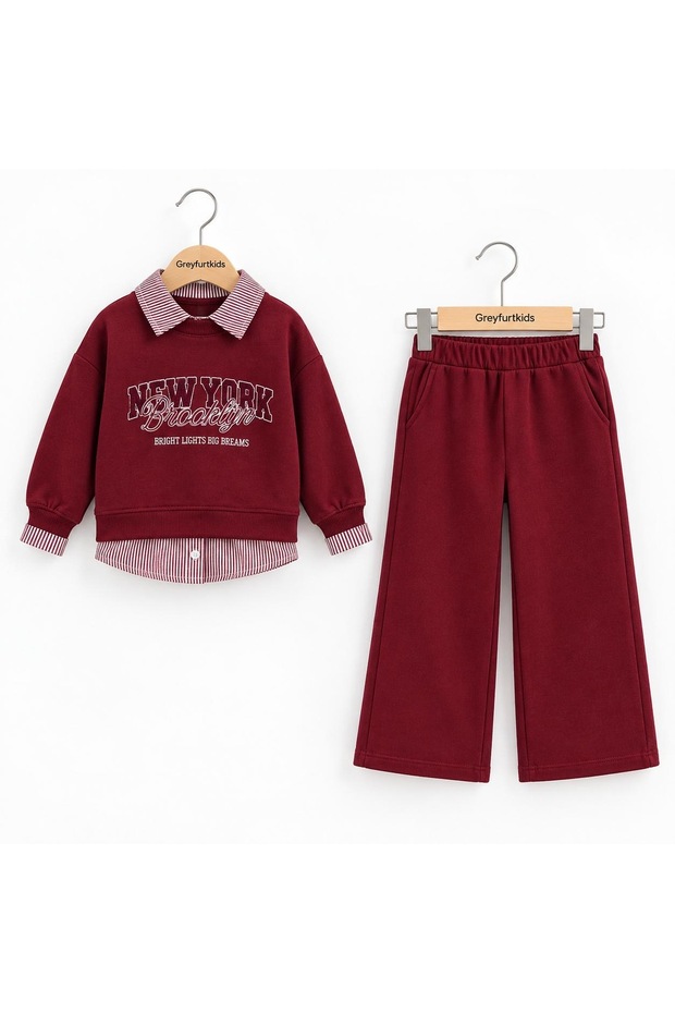 Girl's Shirt with Collar, New York Printed Wide Leg Pants 2-Piece Set
