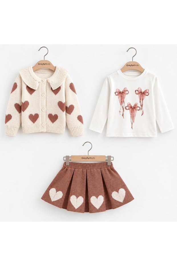 Girl's Heart Patterned Knitted Cardigan Skirt Printed Blouse 3-Piece Set