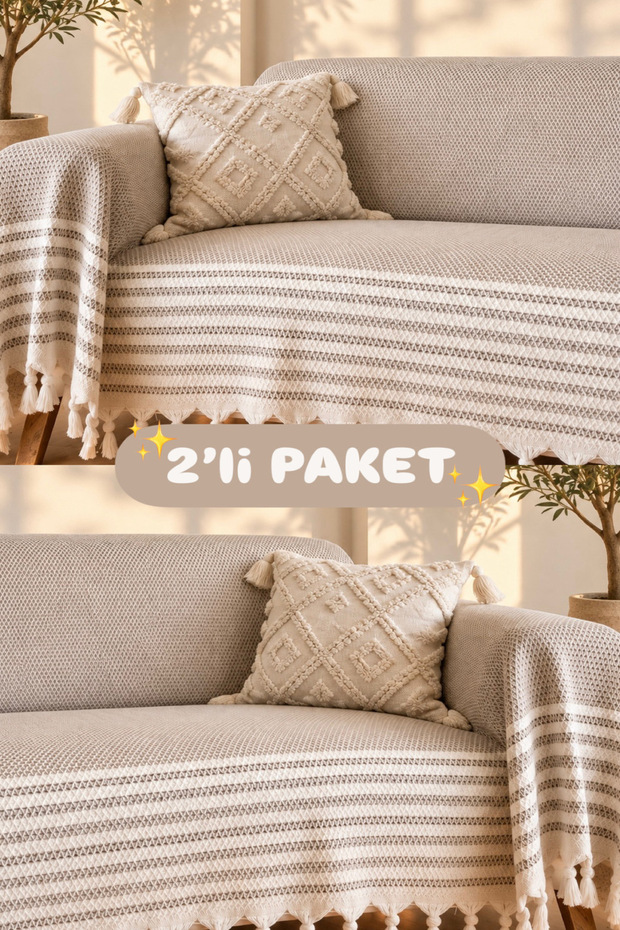 2-Pack Sofa Cover 180X220Cm Organic Cotton 3-Seat Sofa Bed Cover Large Size Hand-Tied Multi-Purpose Cover - Beige