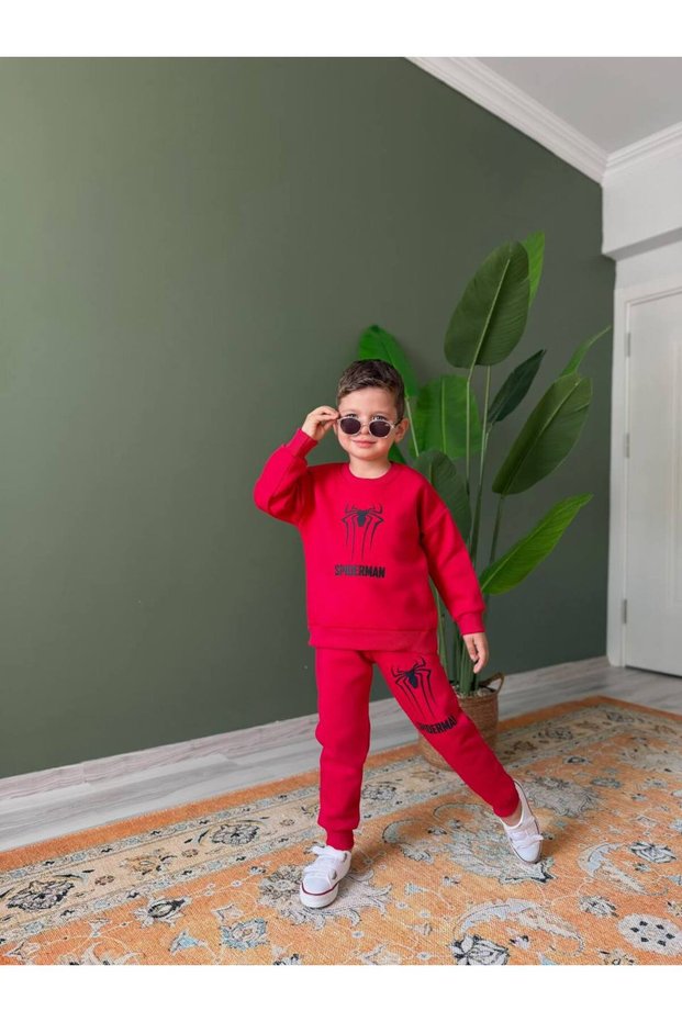 Cartoon Character Kids Top and Bottom Set - Red Cotton Sweatshirt and Sweatpants Set
