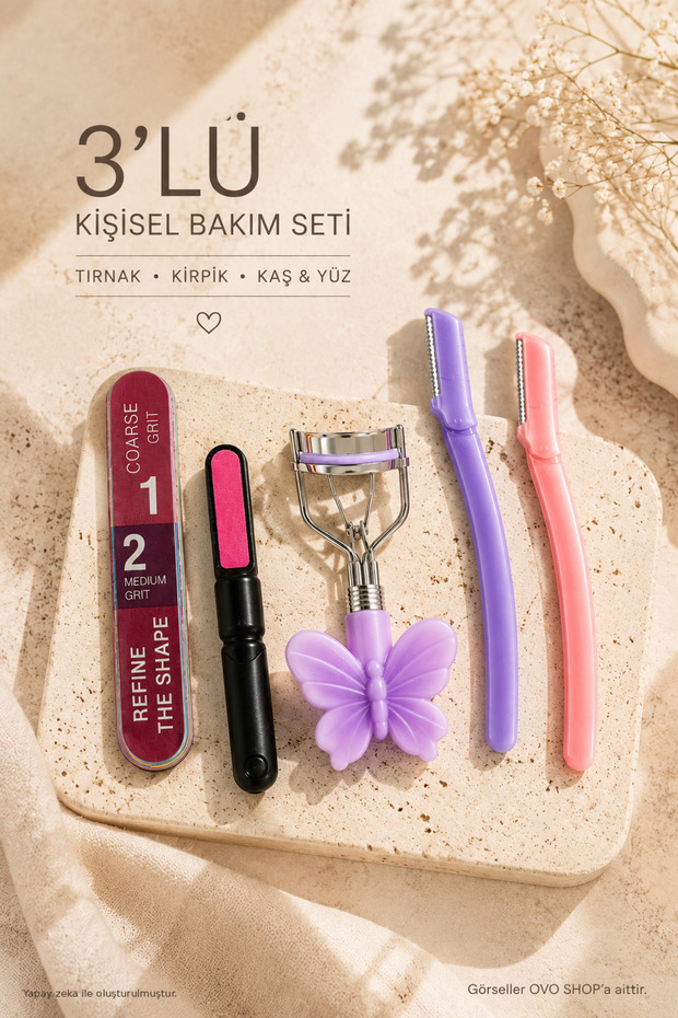 3-Piece Personal Care Set – 7-Function Nail File, Eyelash Curler, and 2-Piece Eyebrow Razor Set