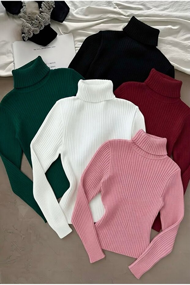 Set of 5 Soft Textured Winter Cotton Turtleneck Fleece-Lined Slimfit High-Neck Sweater Special Series