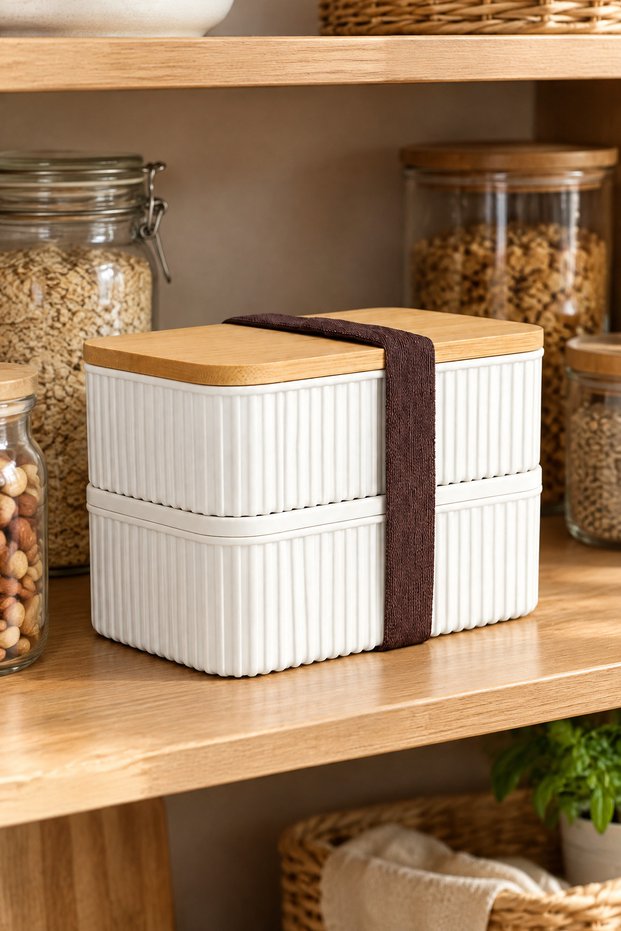 Set of 2 Storage Containers with Bamboo Lids – 0.5+0.5 Liters – Can Be Placed on Top of Each Other – 15X9X10 cm