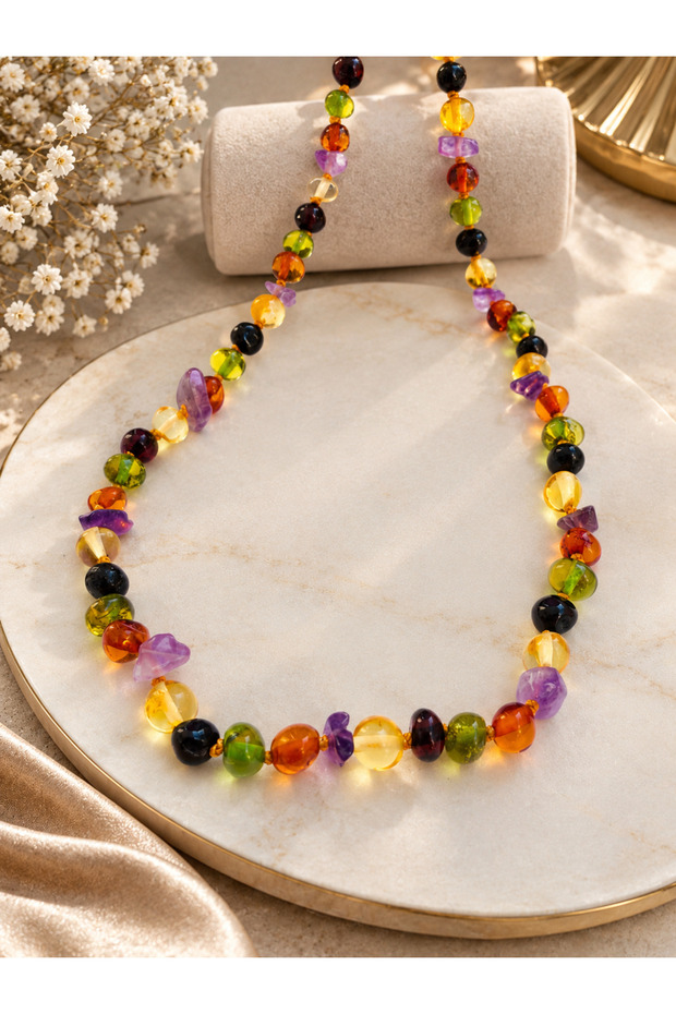 Certified Original Damla Amber Baby Kids Necklace (with Amethyst Stone) and Adult Turquoise Bracelet