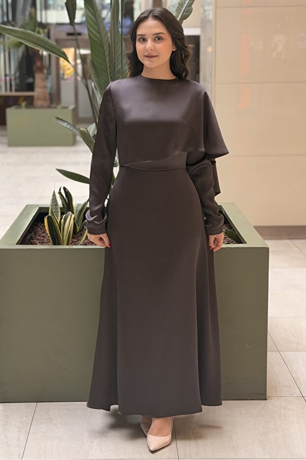 Satin Dress with Shoulder Cover and Shawl Detail