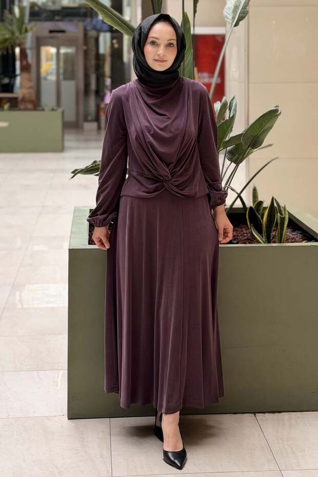 Degaje Collar Front Gathered Patterned Tunic Skirt Set