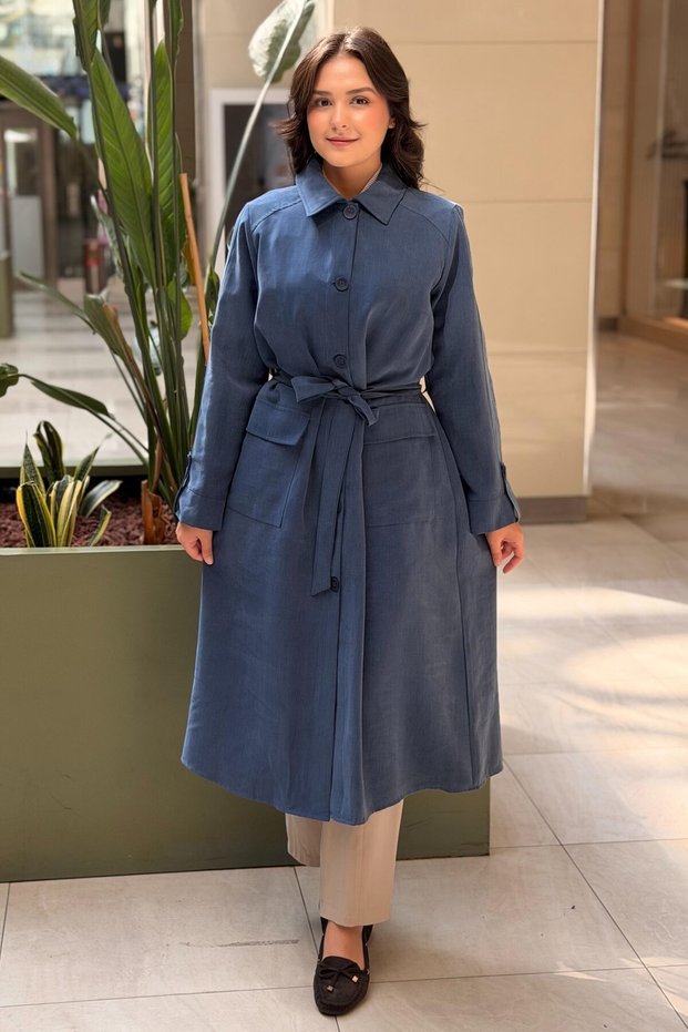 Fuat Gürşen Shirt with Collar, Front Buttons, Pockets and Belted Cap