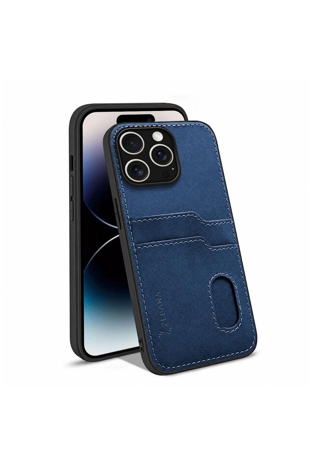 Apple iPhone 15 Pro Max Compatible Case with Card Holder Luxury Leather Case Navy Blue