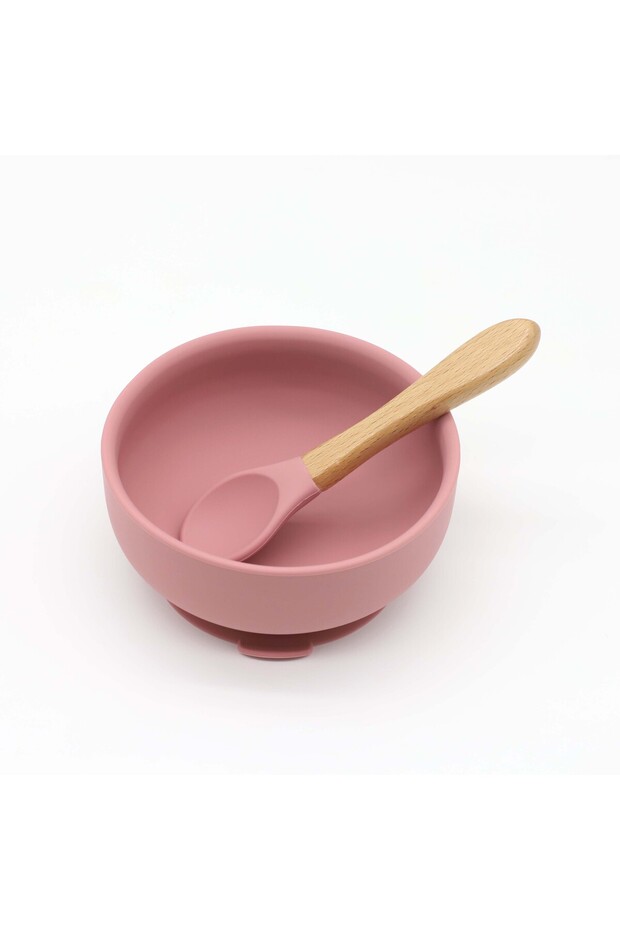 Dark Pink Silicone Bowl with Suction Cup, Wooden Handle Spoon, Two-Piece Set for Baby Food and Feedi