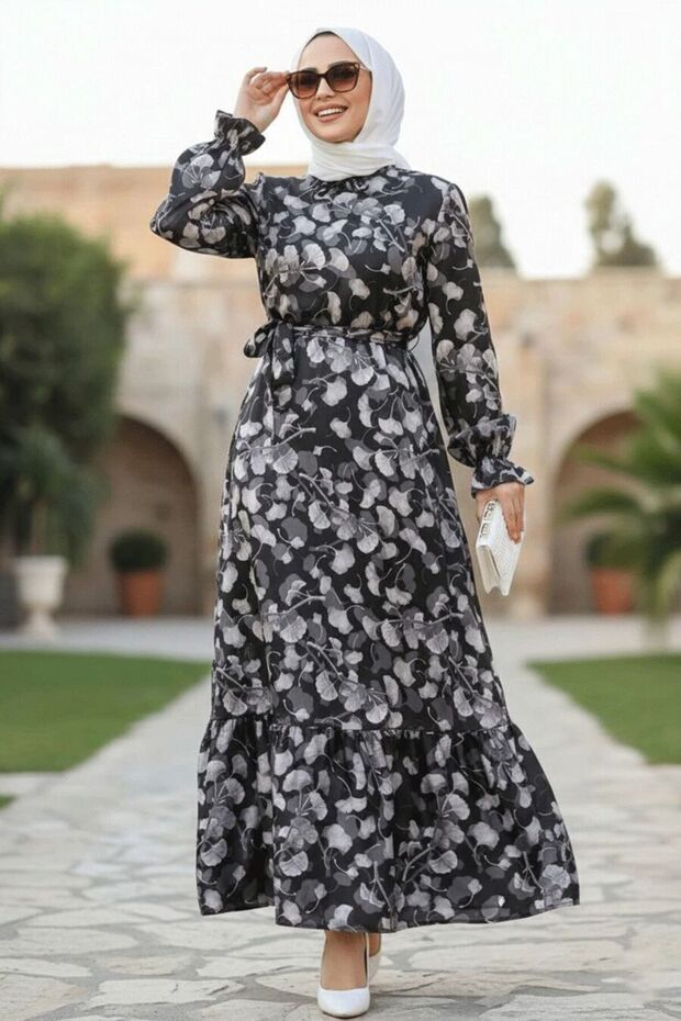 Floral Patterned Black Hijab Dress 60901S