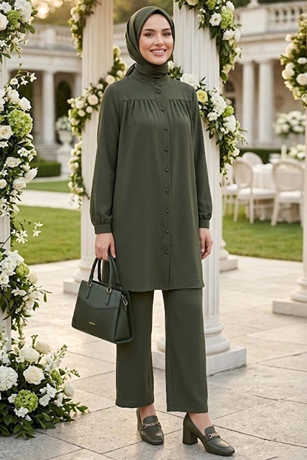 Buttoned Khaki Hijab Double Set 12172Hk
