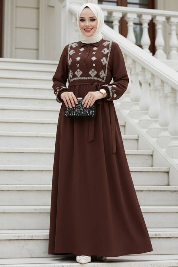 Pattern Detailed Brown Hijab Dress 10317Kh